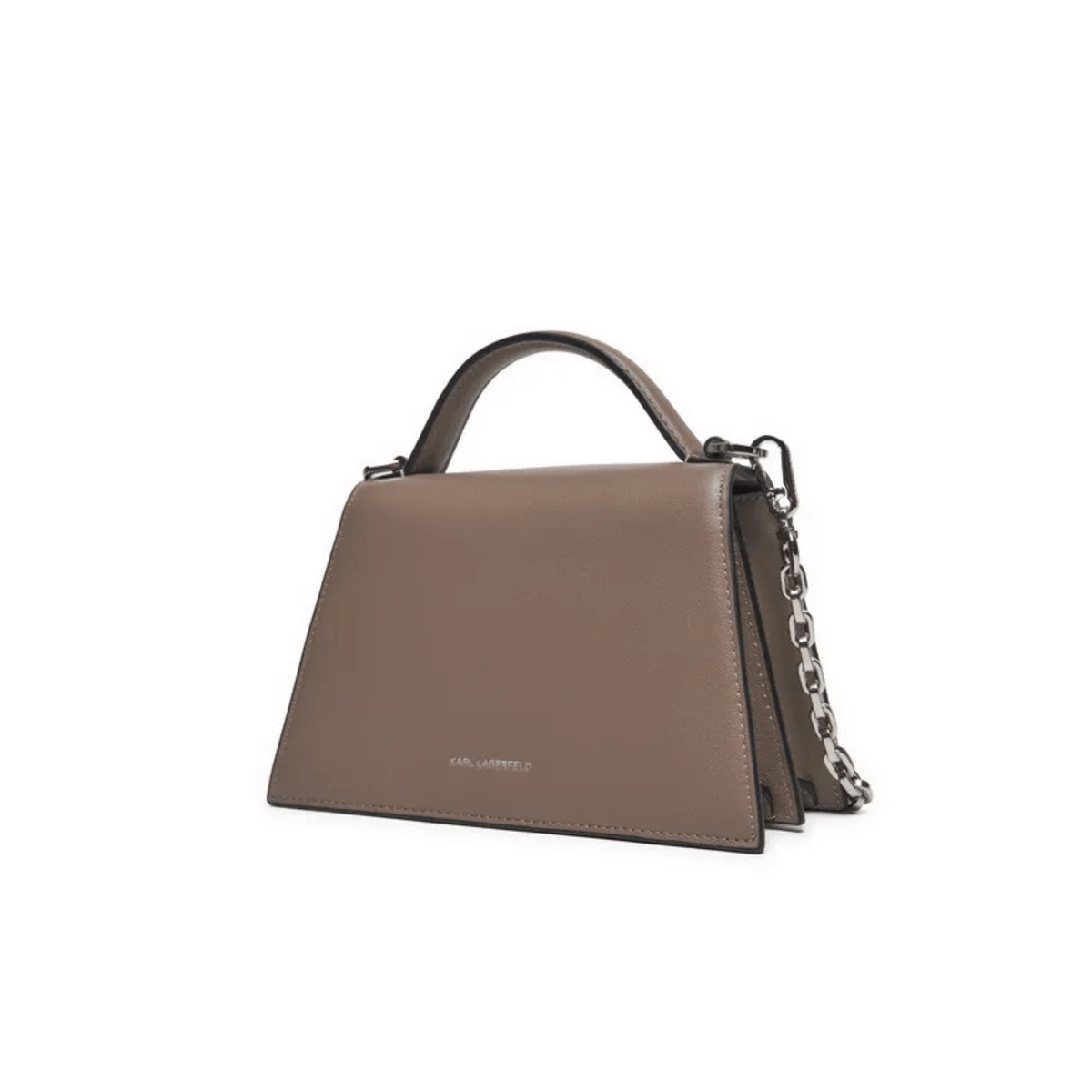 Vue arrière du sac Karl Lagerfeld K/Signature en cuir gris taupe Ash Grey avec poignée supérieure, bandoulière chaîne argentée et logo de marque