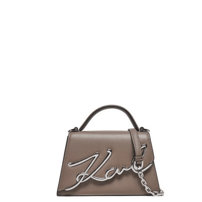 Petit sac bandoulière Karl Lagerfeld K/Signature en cuir Ash Grey gris taupe, avec grande signature Karl argentée, poignée supérieure et chaîne métallique