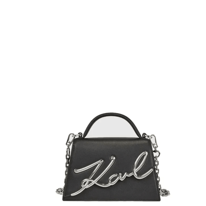 Petit sac Karl Lagerfeld K/Signature en cuir noir avec grande signature Karl argentée sur le devant, poignée supérieure et chaîne métallique argentée