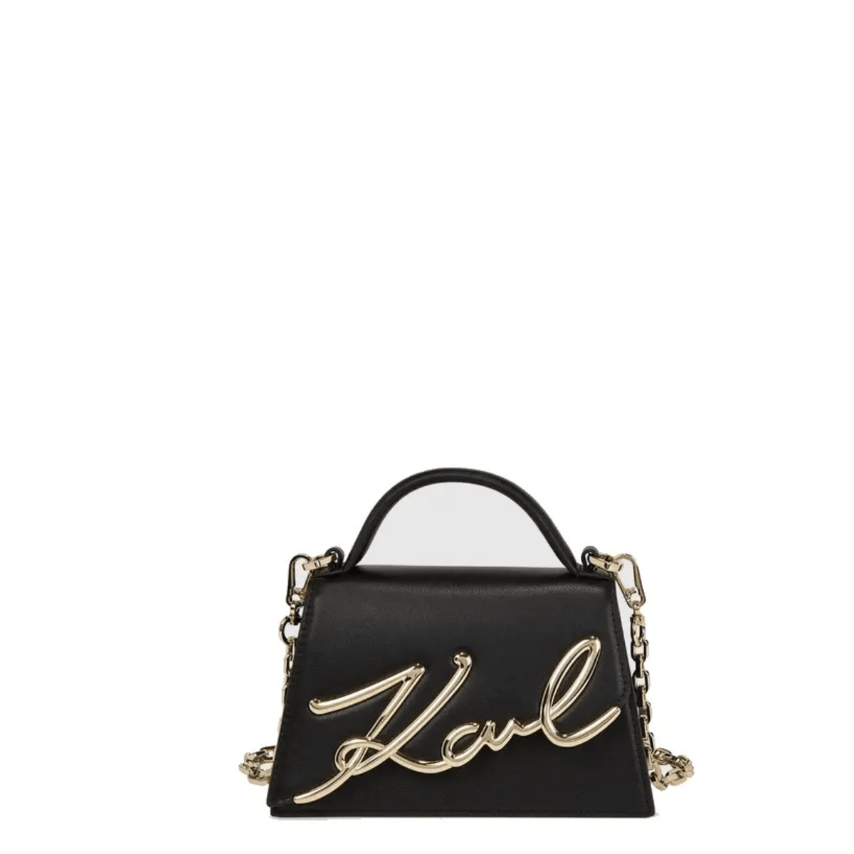 Petit sac bandoulière Karl Lagerfeld K/Signature en cuir noir, vue de face avec grand logo Karl doré en relief et poignée supérieure