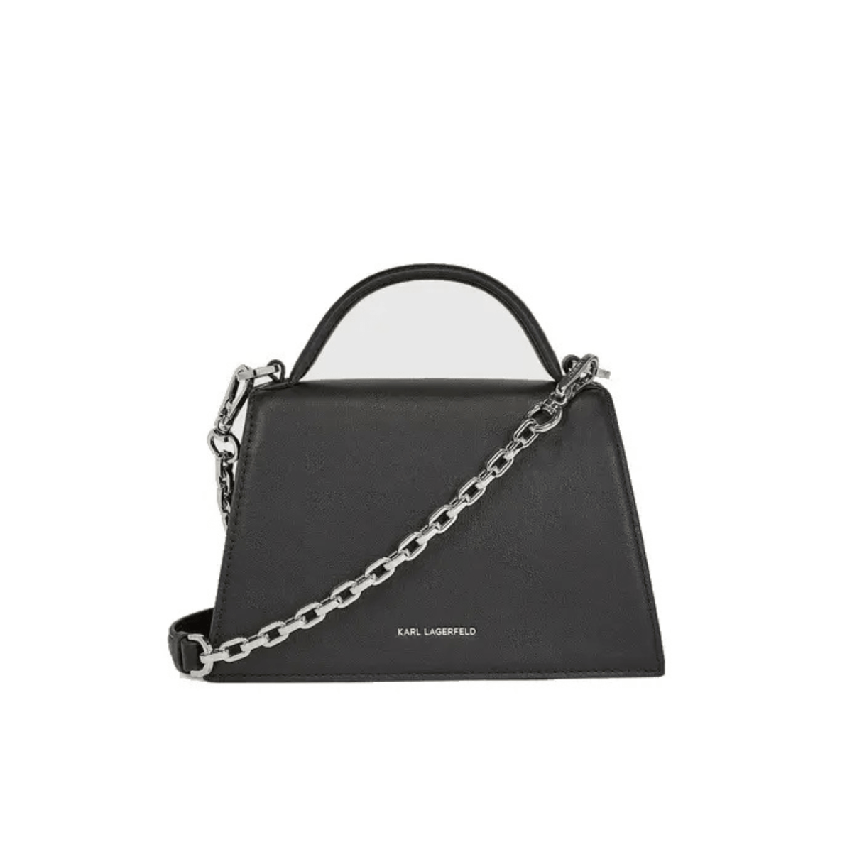 Vue arrière du petit sac Karl Lagerfeld K/Signature noir avec bandoulière chaîne argentée et inscription Karl Lagerfeld
