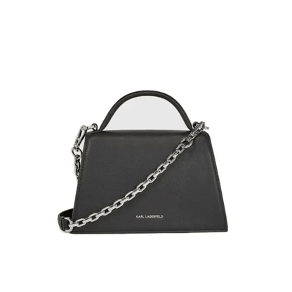 Vue arrière du petit sac Karl Lagerfeld K/Signature noir avec bandoulière chaîne argentée et inscription Karl Lagerfeld