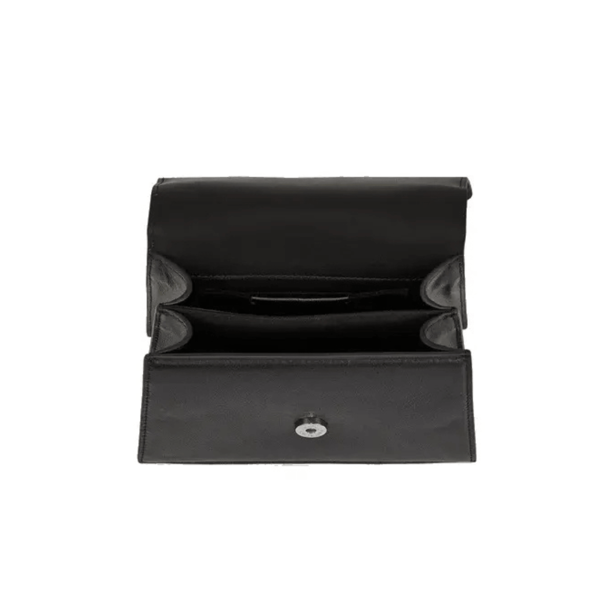 Intérieur ouvert du sac Karl Lagerfeld K/Signature en cuir noir montrant ses compartiments de rangement et sa fermeture aimantée