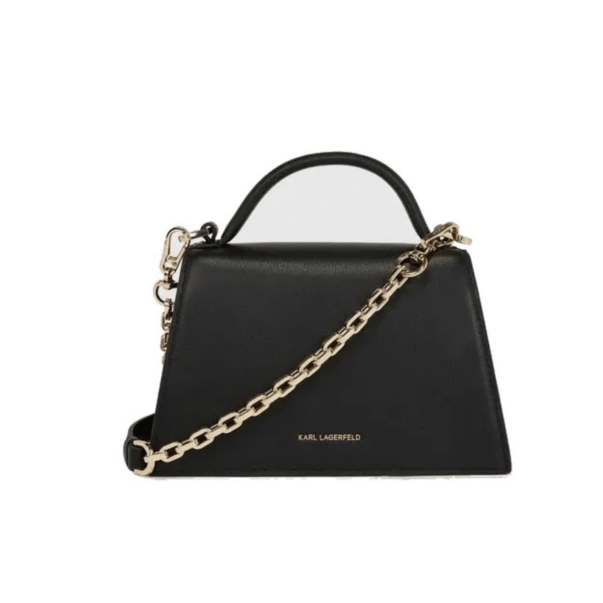 Vue arrière du sac Karl Lagerfeld K/Signature noir avec bandoulière chaîne dorée, poignée supérieure et logo Karl Lagerfeld
