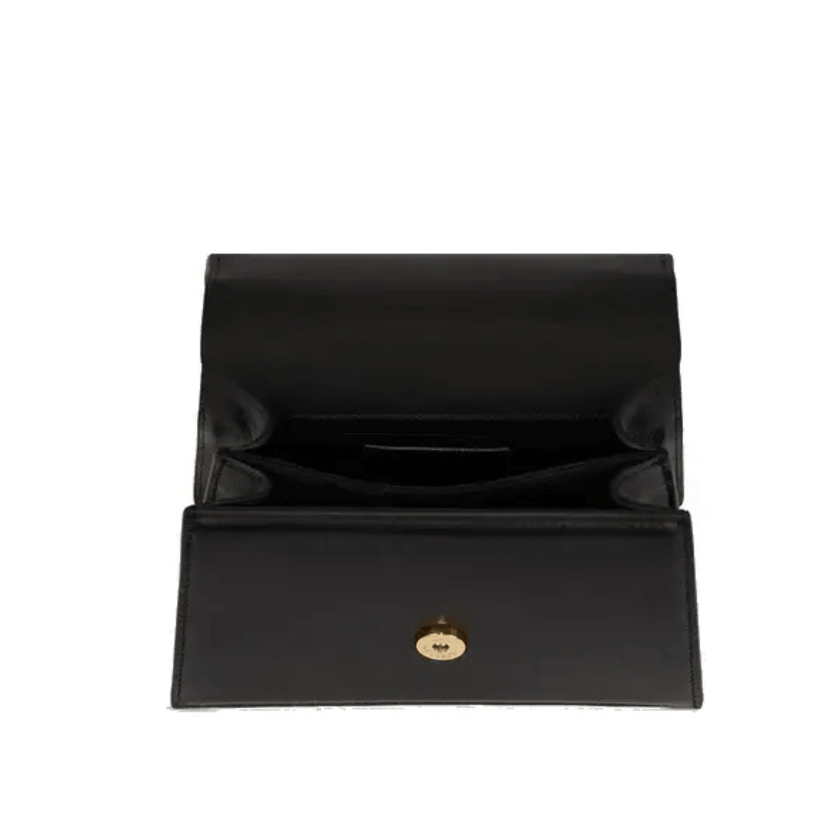 Vue intérieure du petit sac Karl Lagerfeld K/Signature noir ouvert, montrant son rabat, sa doublure sombre et ses espaces de rangement
