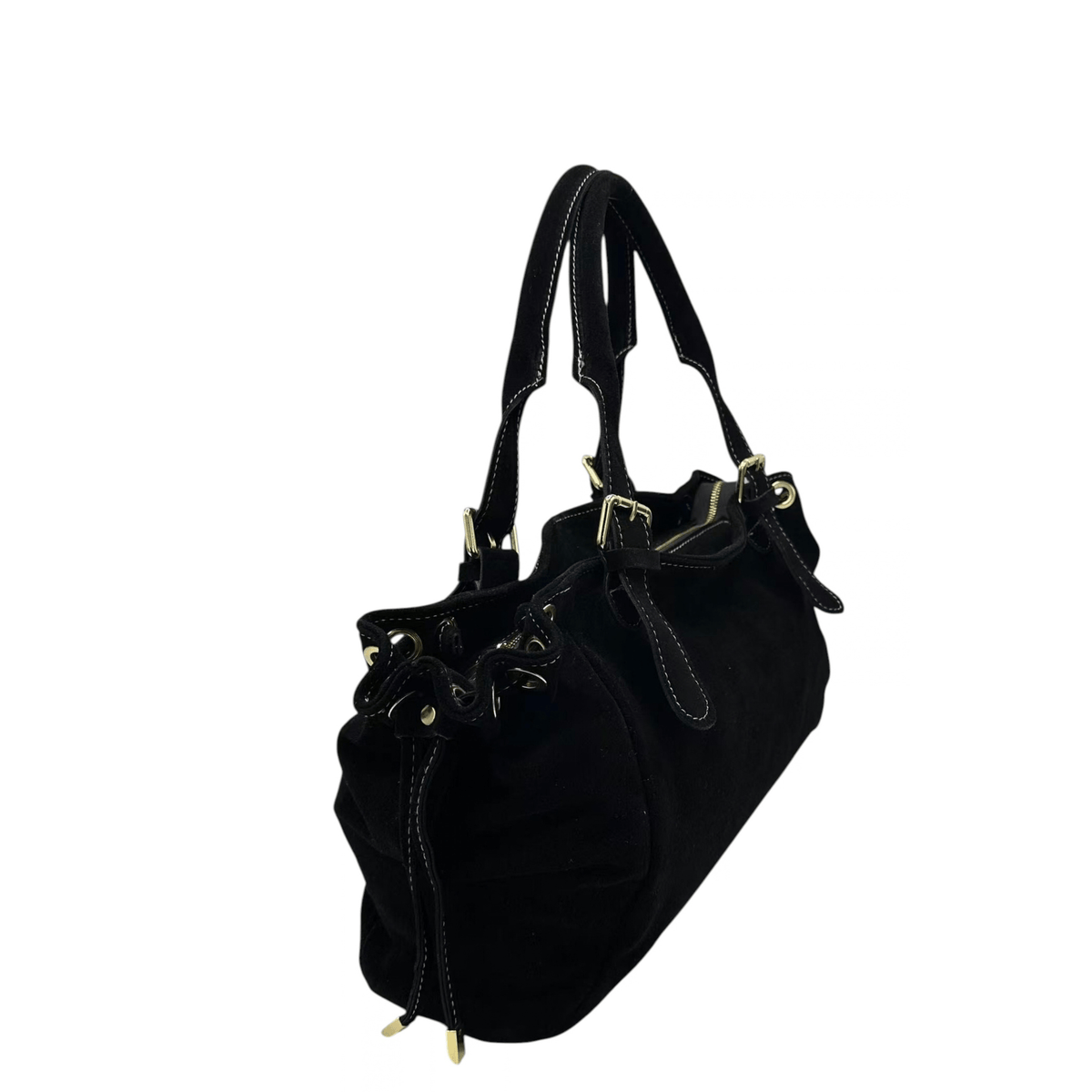 Sac KATE H GRACE en cuir daim noir vu de côté avec liens coulissants et détails dorés