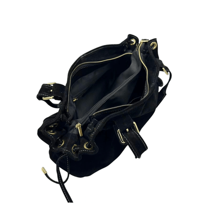 Intérieur du sac KATE H GRACE en cuir daim noir avec compartiments et poches zippées