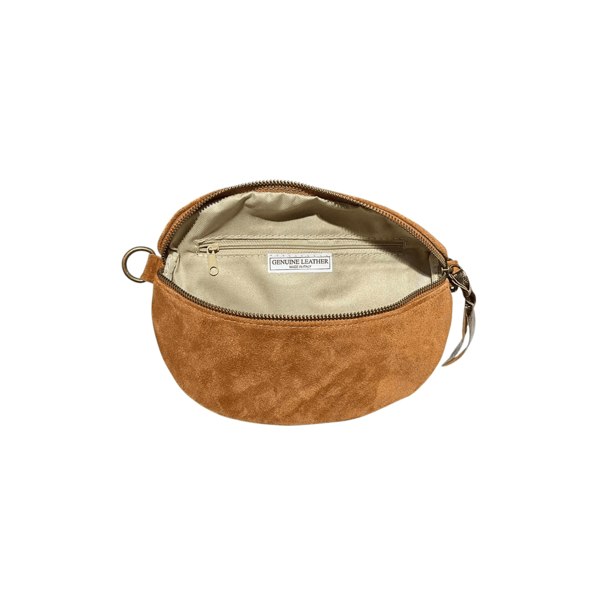 Intérieur doublé du sac banane KATE H en daim tan avec poche zippée