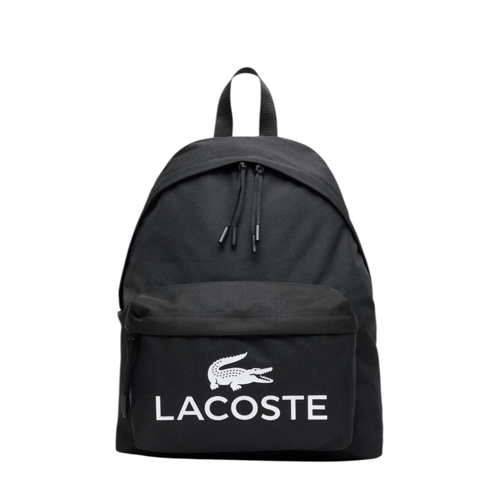 Sac à dos Lacoste Croc Sport noir vue de face avec logo blanc.