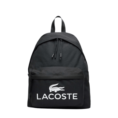 Sac à dos Lacoste Croc Sport noir vue de face avec logo blanc.