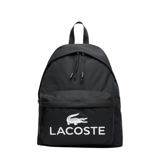 Sac à dos Lacoste Croc Sport noir vue de face avec logo blanc.