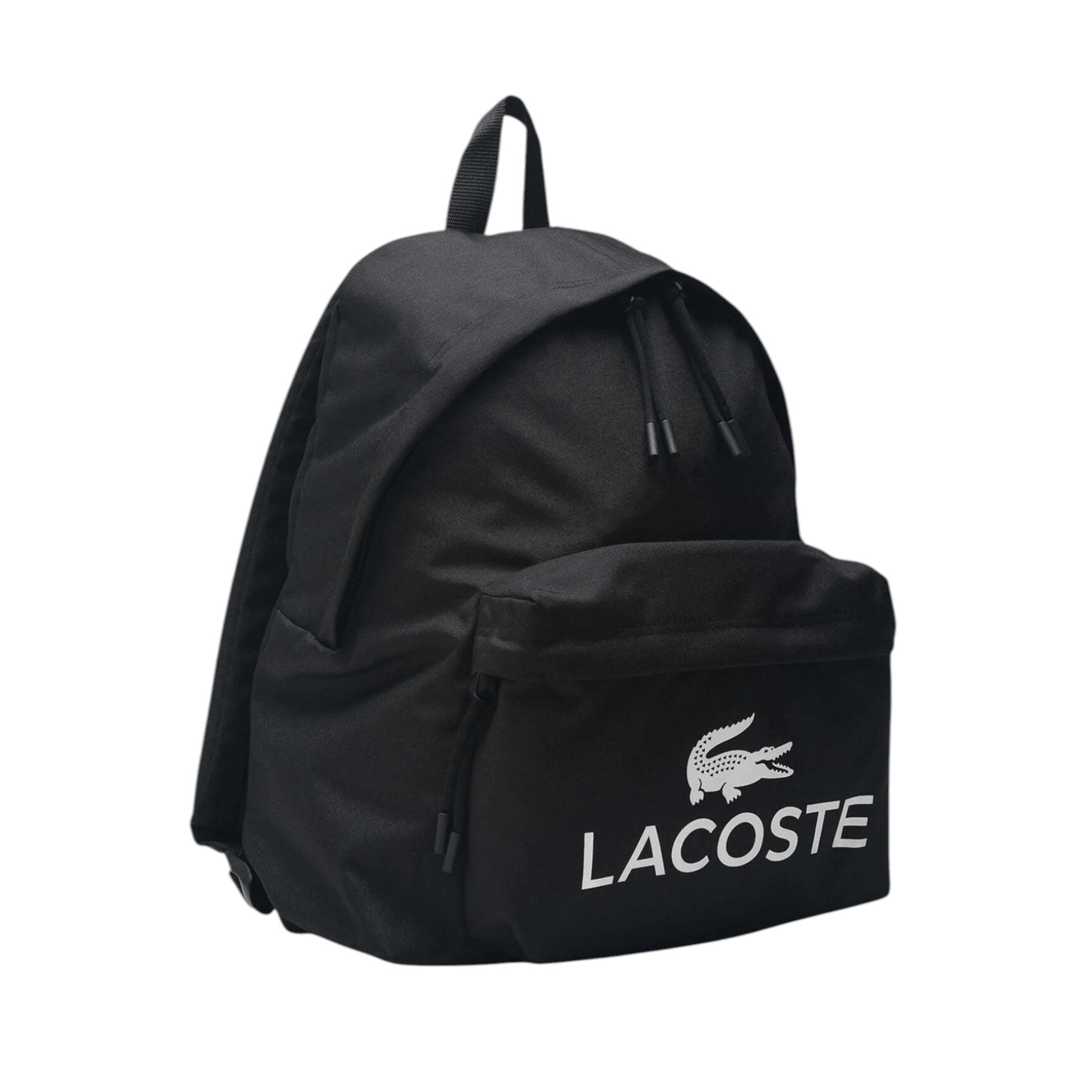 Vue de trois quarts du sac à dos Lacoste Croc Sport noir.
