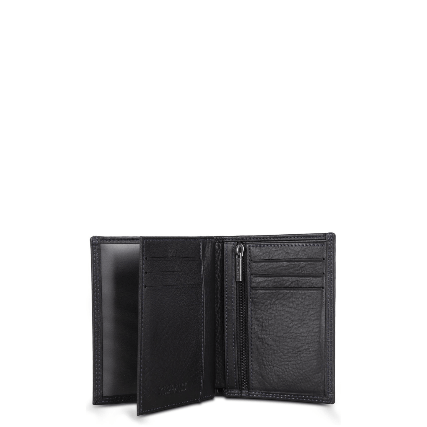 Intérieur portefeuille homme LANCASTER Soft Vintage 120-12 noir avec coutures bleues, porte-monnaie zippé et emplacements cartes
