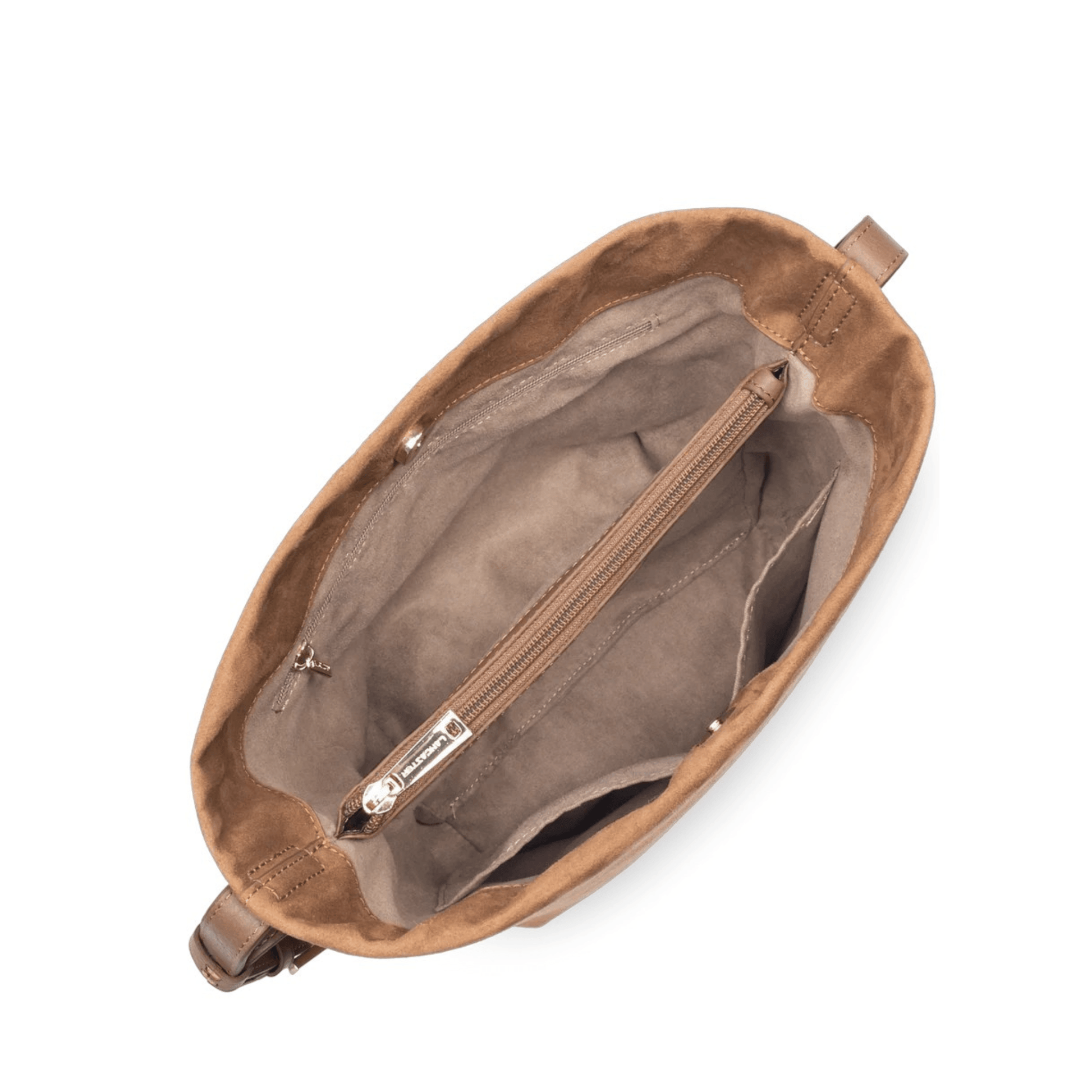 Intérieur du sac Lancaster Suède 530-56 Camel avec séparation zippée, poche zippée et double poche intérieure.