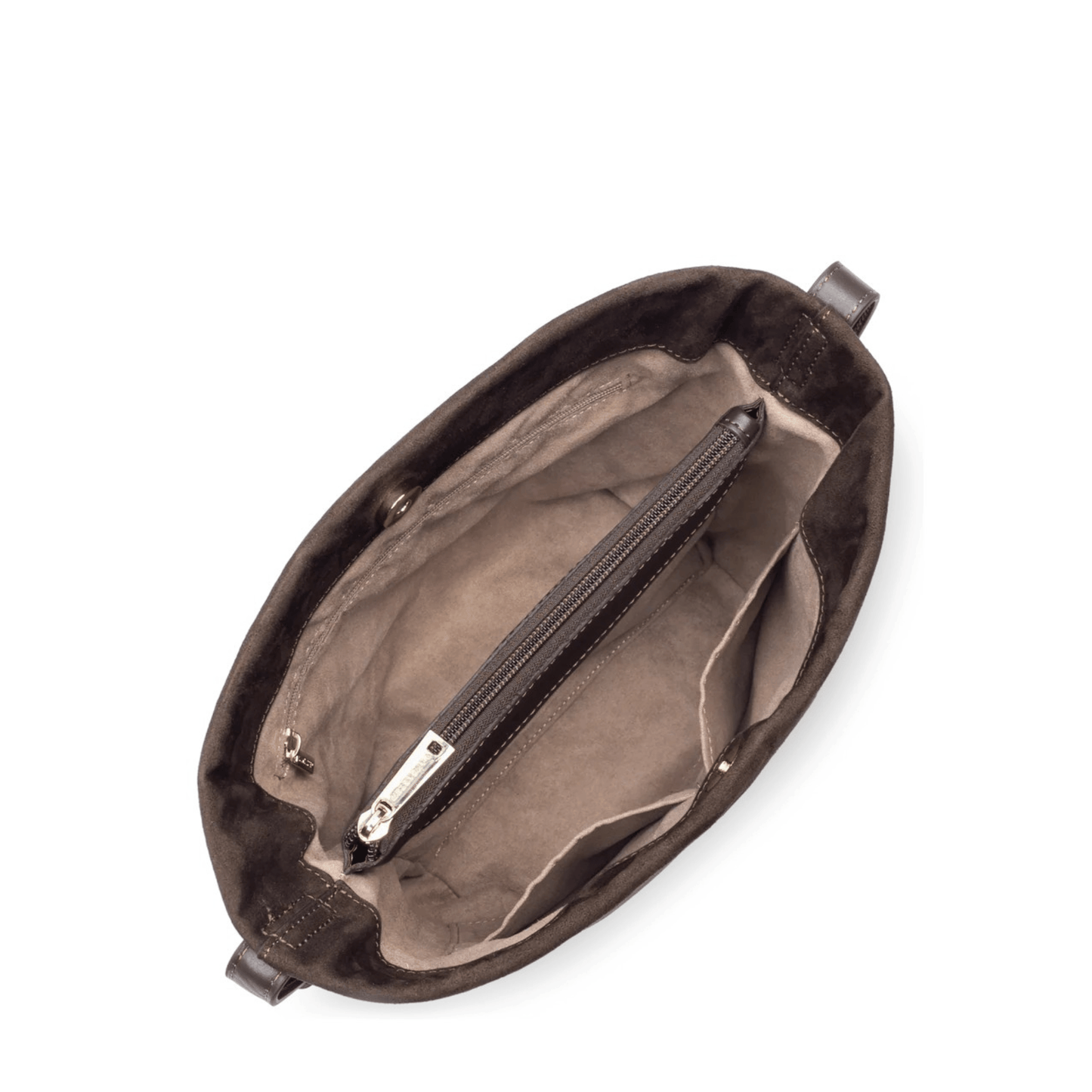 Intérieur du sac Lancaster Suède 530-56 Marron avec séparation zippée, poche zippée et double poche intérieure.