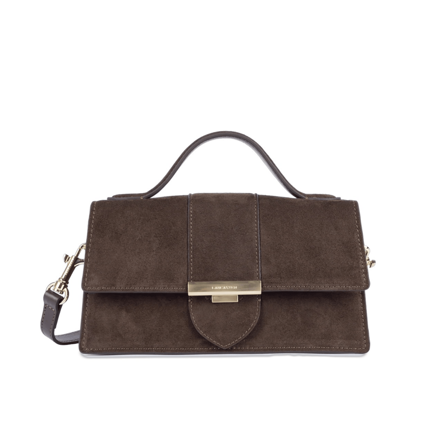 Sac à main Lancaster Suède Ily Marron – vue de face avec fermoir métallique