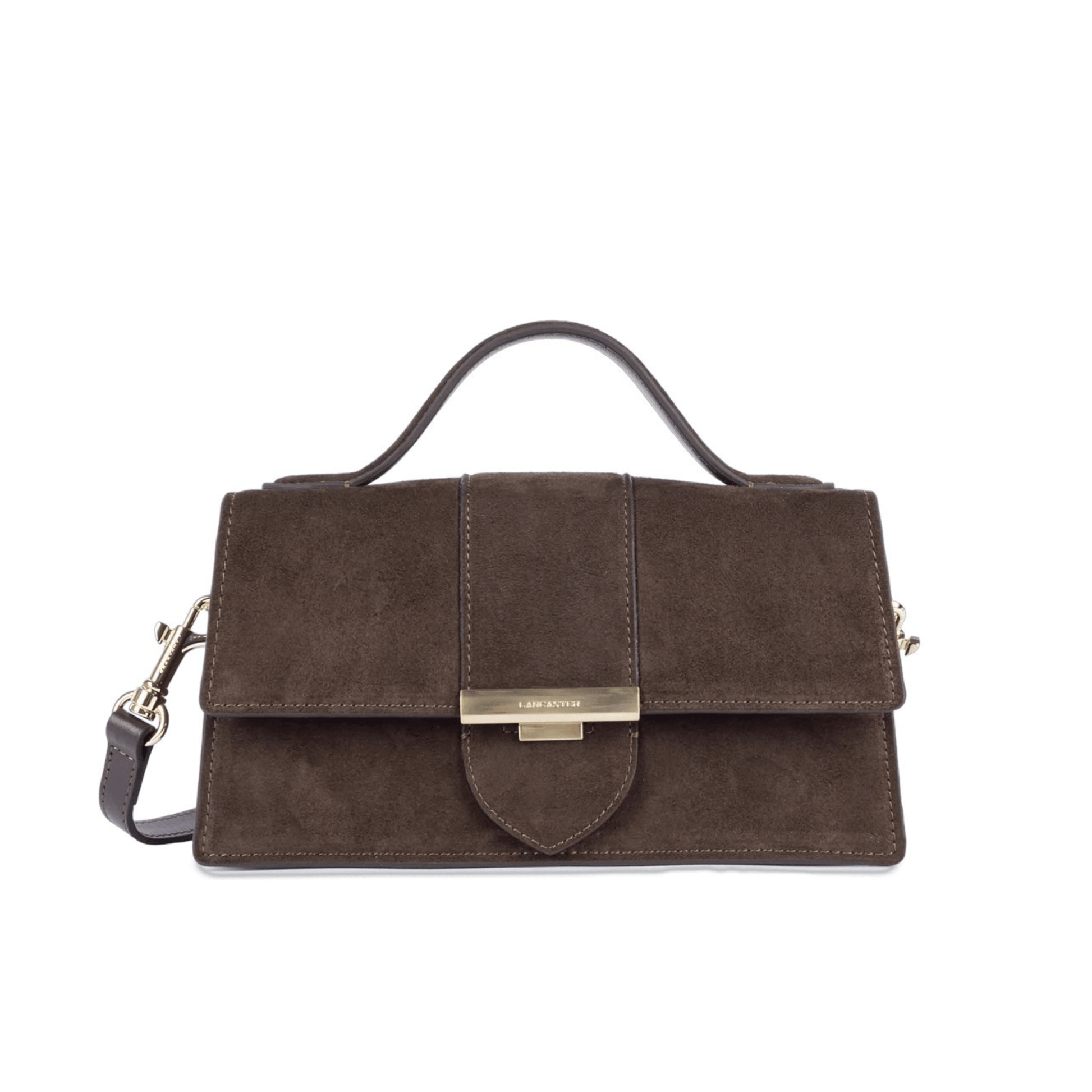 Sac à main Lancaster Suède Ily Marron – vue de face avec fermoir métallique