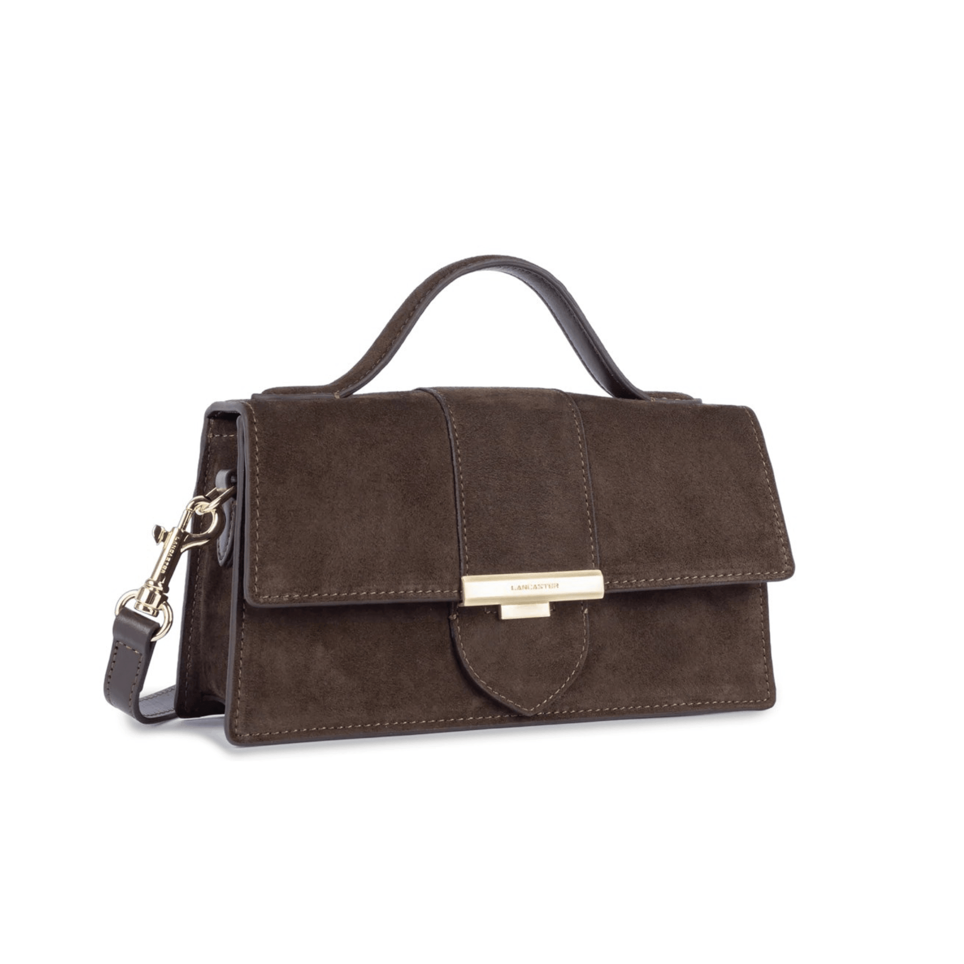 Sac à main Lancaster Suède Ily Marron – vue trois quarts avec bandoulière