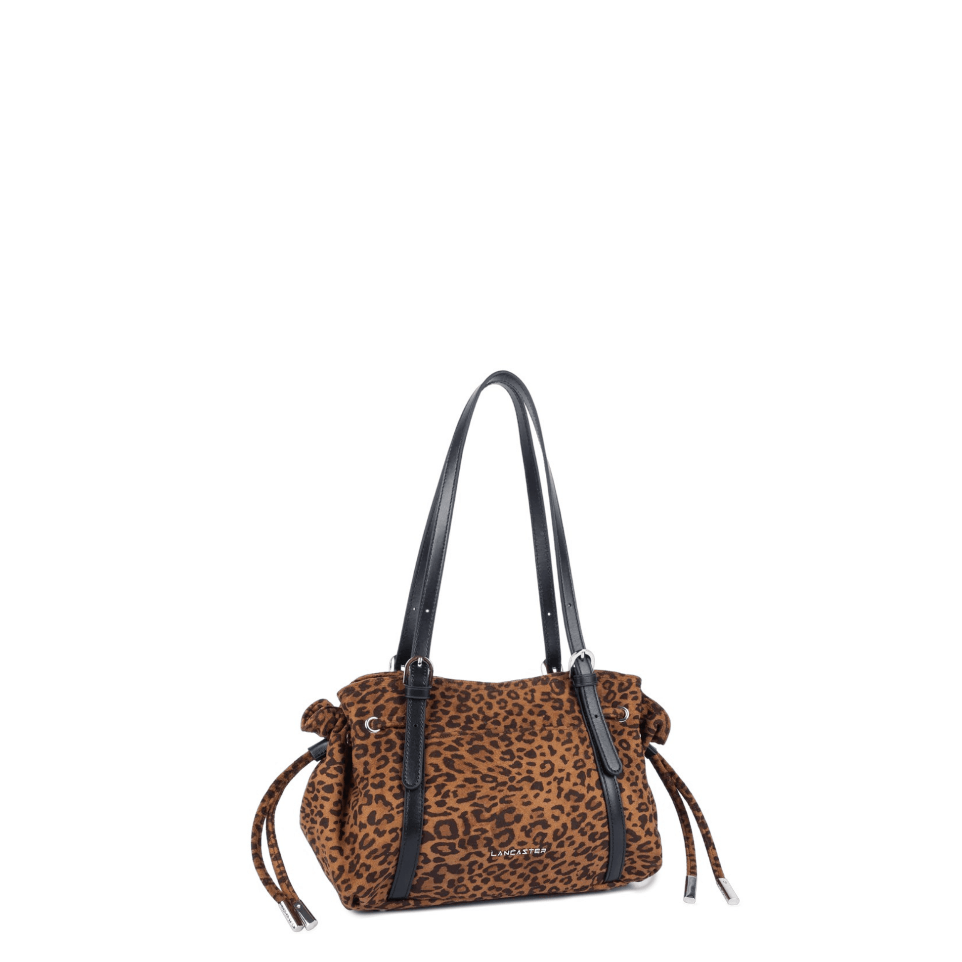 Sac LANCASTER Velvet Emma 518-096 Camel Léopard vue trois-quarts avec anses noires