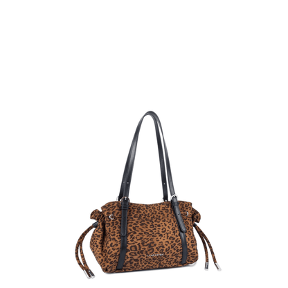 Sac LANCASTER Velvet Emma 518-096 Camel Léopard vue trois-quarts avec anses noires