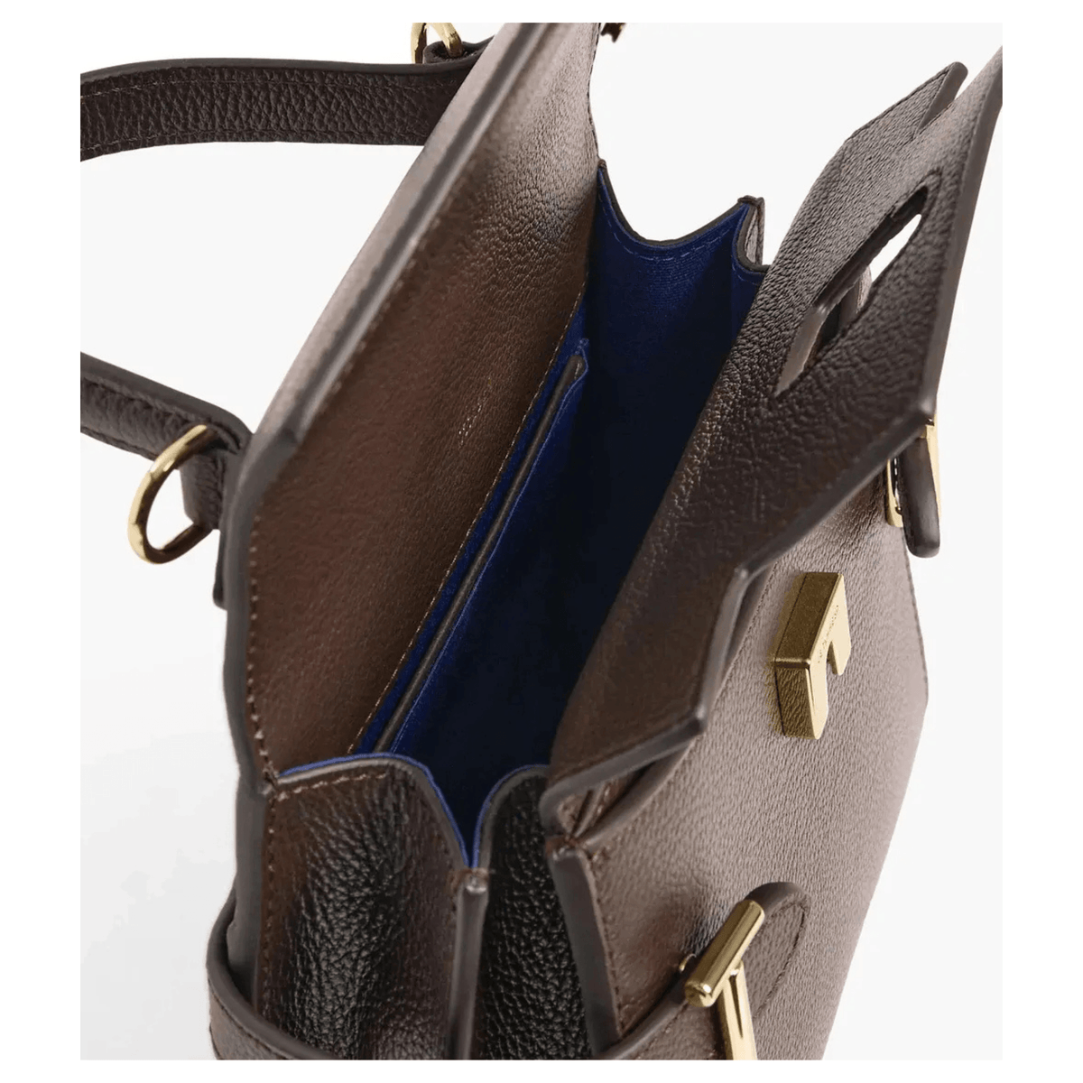 Détail intérieur du petit sac Émilie Le Tanneur en cuir marron foncé avec doublure textile Le Bleu et compartiment de rangement