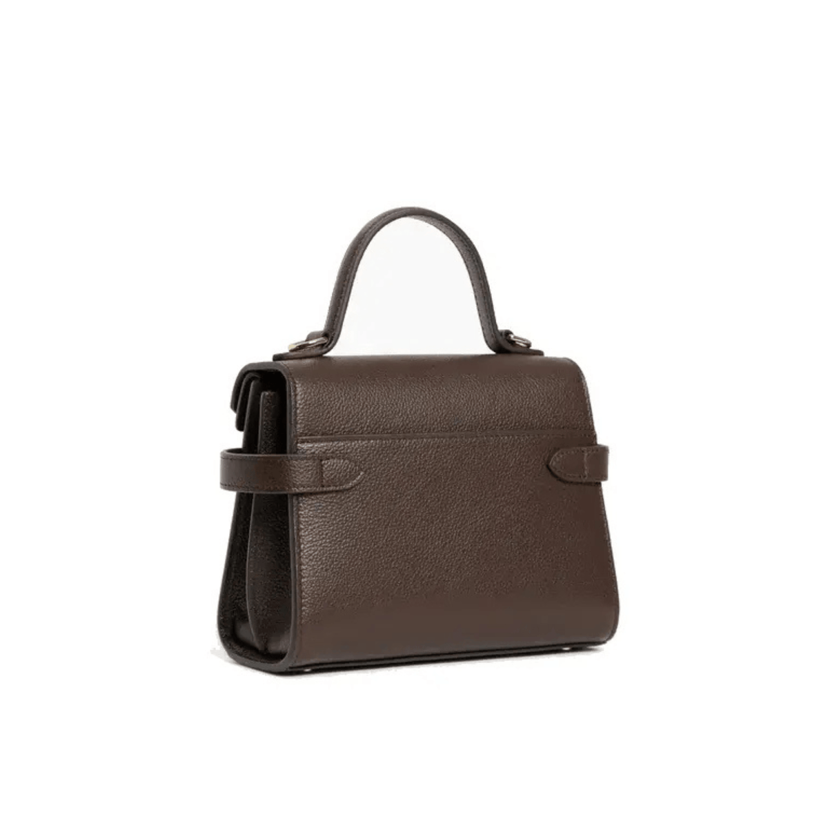 Vue arrière du petit sac à main Émilie double rabat Le Tanneur en cuir grainé marron foncé, poignée supérieure et silhouette structurée