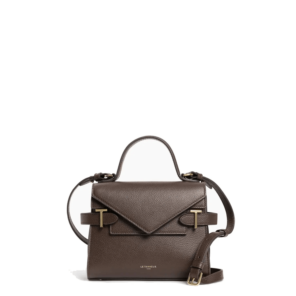 Petit sac à main Le Tanneur Émilie double rabat en cuir grainé marron foncé, vue de face avec poignée et finitions dorées