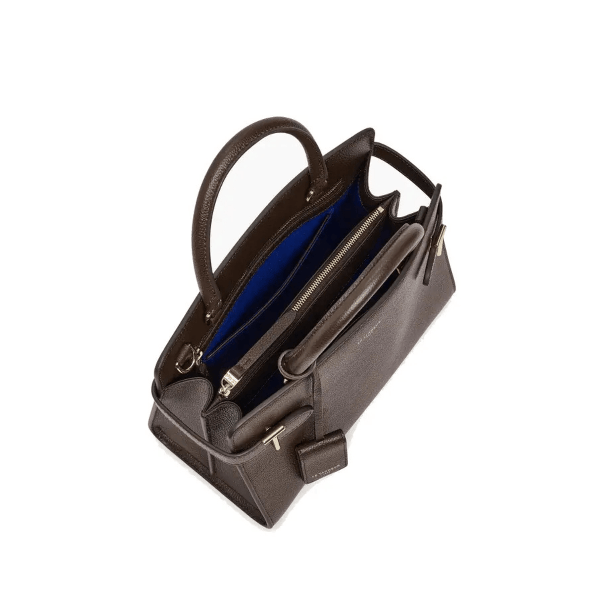 Intérieur du sac Émilie moyen modèle Le Tanneur en cuir marron foncé, doublure bleue et compartiment central zippé
