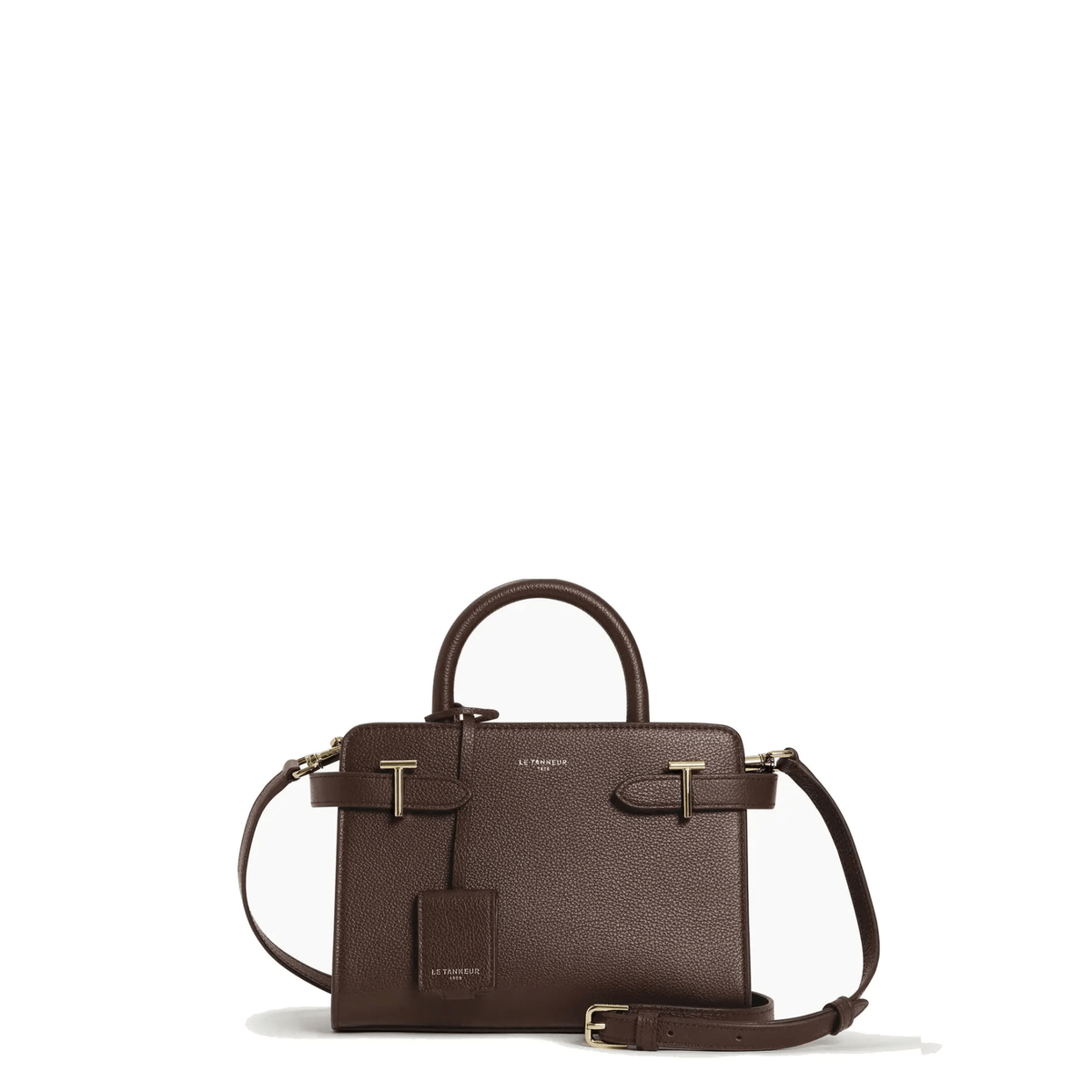 Petit sac à main Émilie Le Tanneur en cuir grainé marron foncé, vue de face avec détails dorés et bandoulière