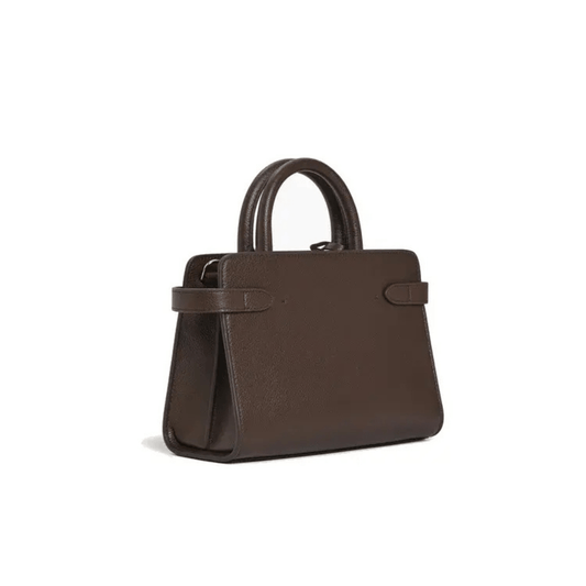 Vue arrière et de profil du sac Émilie Le Tanneur en cuir grainé marron foncé avec anses arrondies