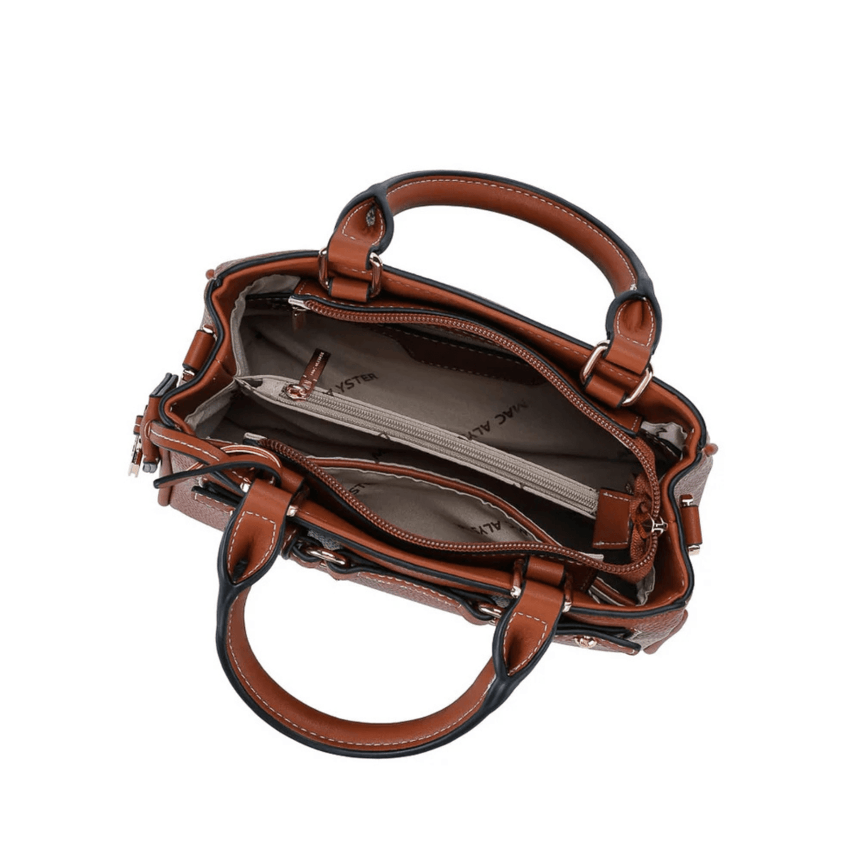 Intérieur du sac MAC ALYSTER Arty cognac et rangements zippés