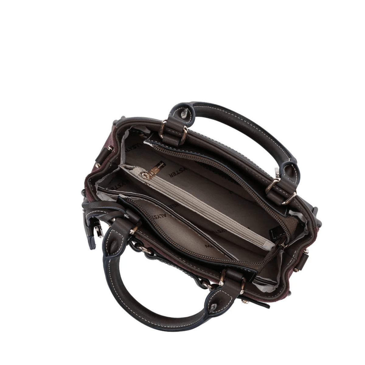 Intérieur du sac MAC ALYSTER Arty marron effet daim et rangements zippés