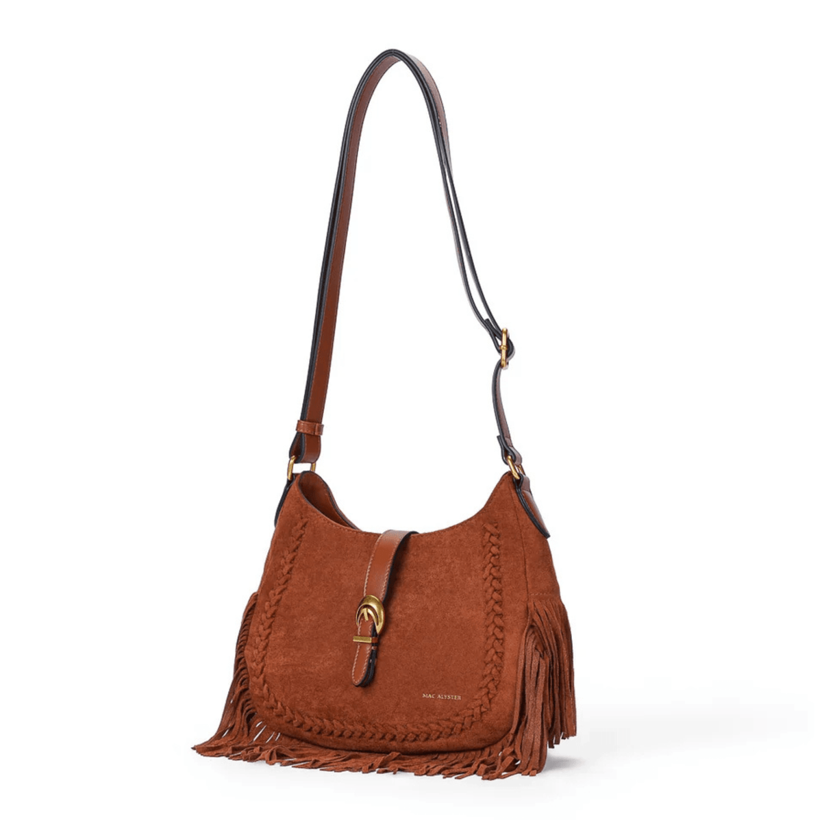 Sac bandoulière MAC ALYSTER Céleste cognac à franges, vue de trois quarts