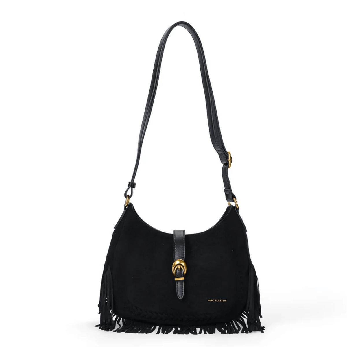 Sac besace MAC ALYSTER Céleste noir effet daim avec franges bohèmes