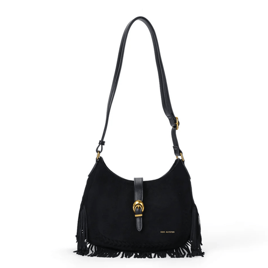 Sac besace MAC ALYSTER Céleste noir effet daim avec franges bohèmes