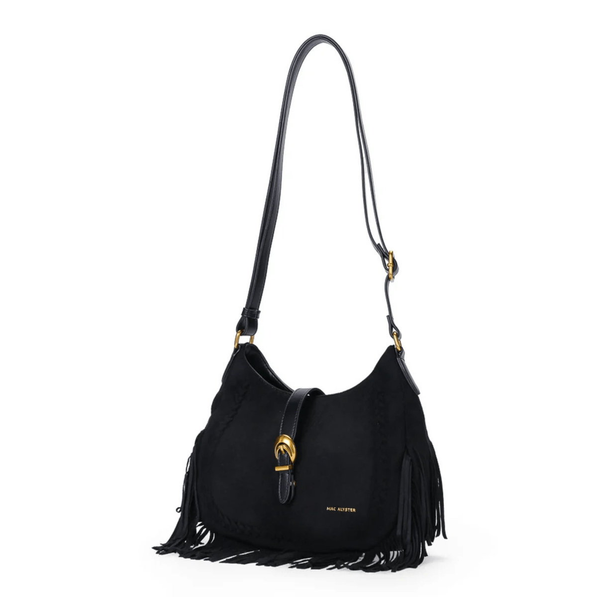 Sac bandoulière MAC ALYSTER Céleste noir à franges, vue de trois quarts