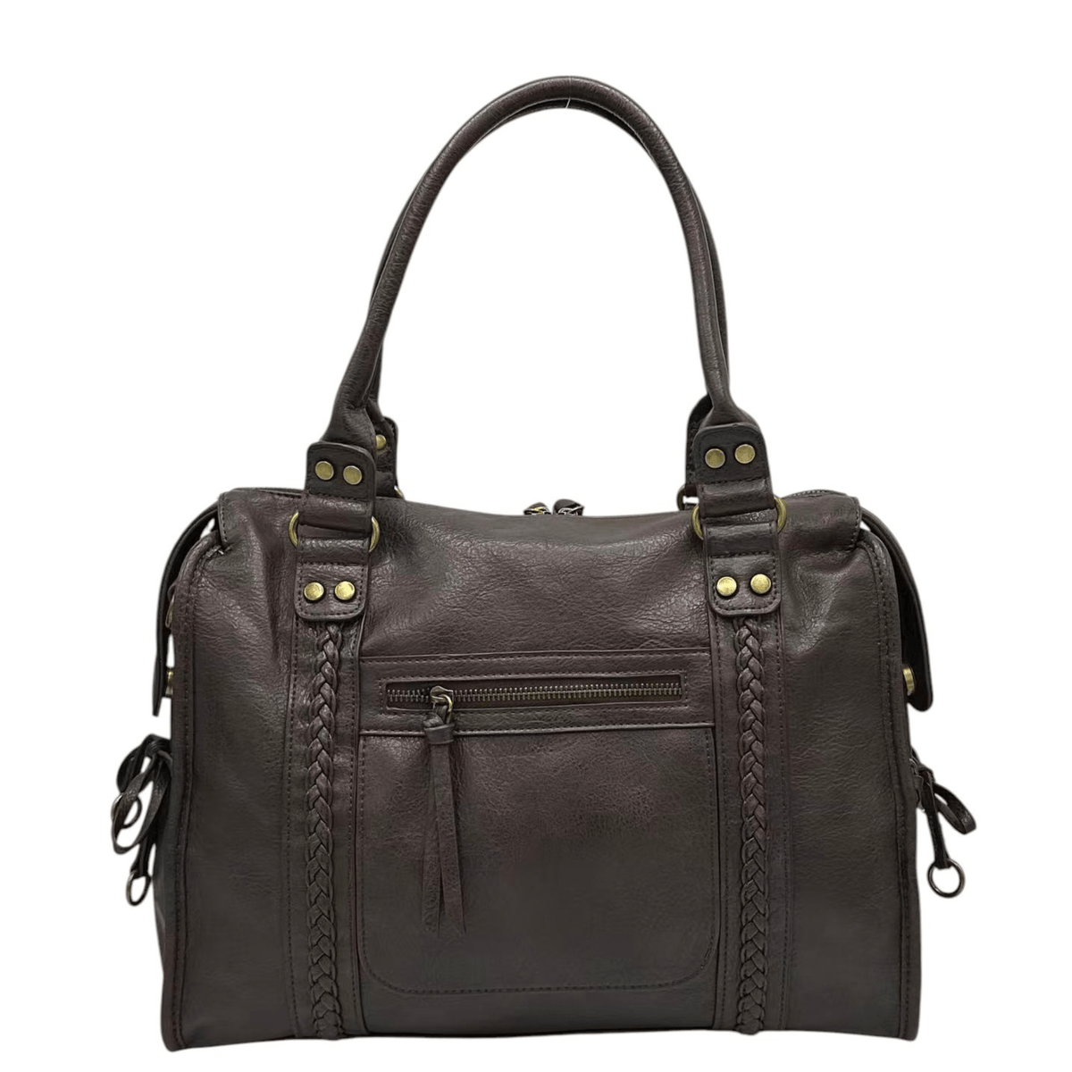 Sac cabas MANDOLINE 27651 couleur coffee en simili cuir avec détails tressés et poche zippée