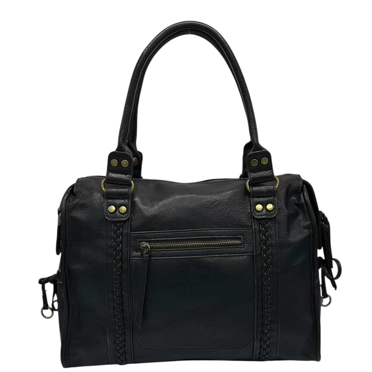 Sac cabas MANDOLINE 27651 noir en simili cuir, format A4 avec poche avant zippée et détails tressés