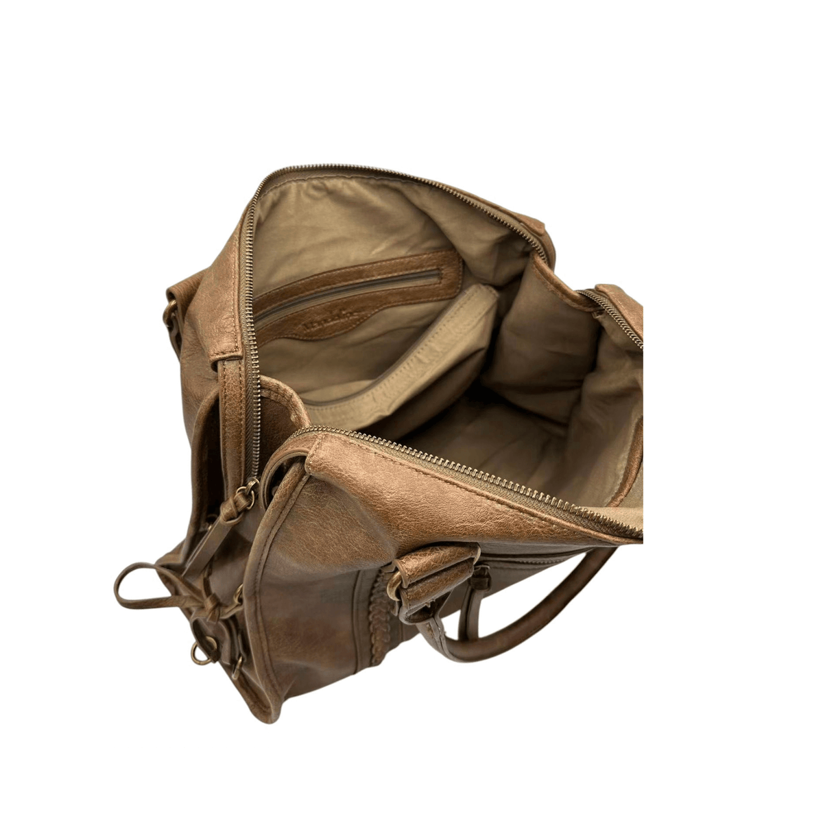 Intérieur du sac cabas MANDOLINE 27651 taupe avec compartiment principal et poche zippée
