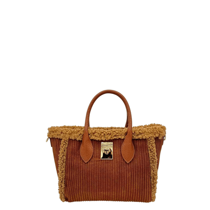 Sac à main Mandoline cognac à aspect velours côtelé et bordures effet moumoute