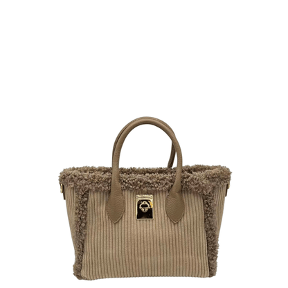 Sac à main Mandoline taupe à aspect velours côtelé et bordures effet moumoute