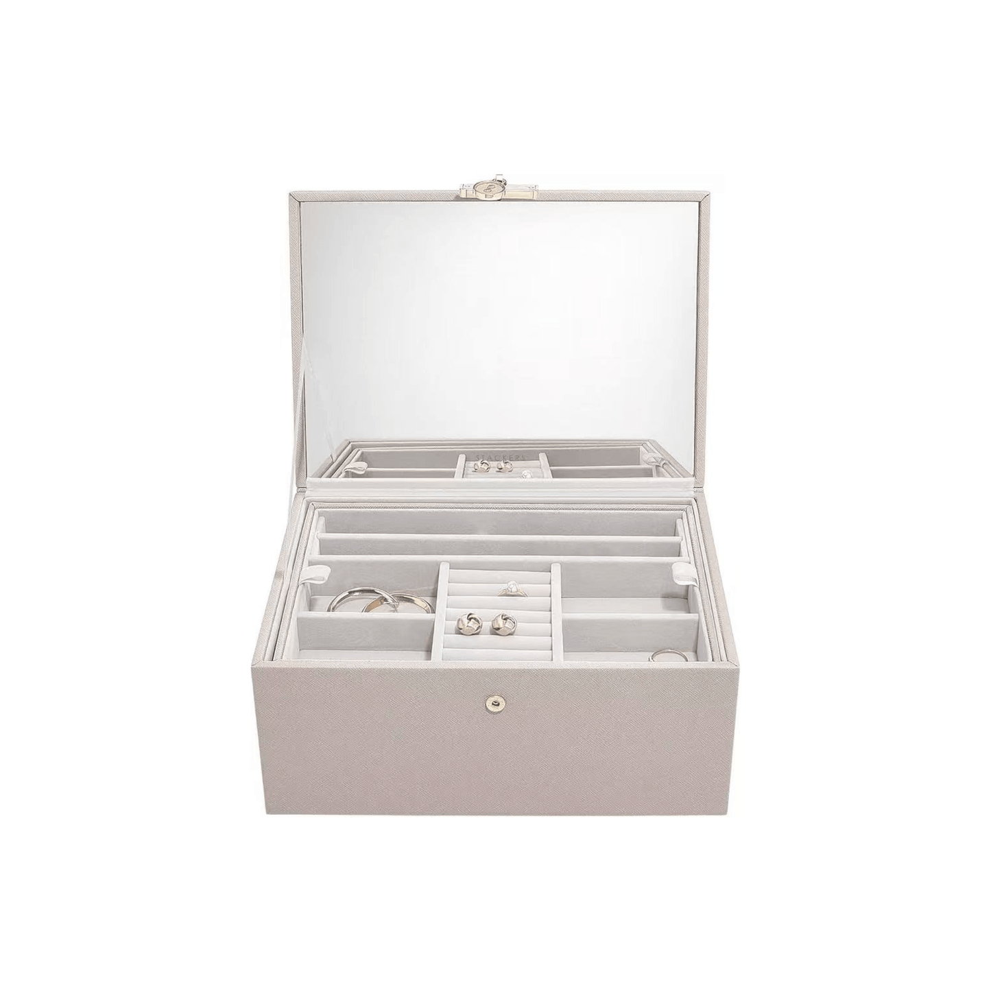 boite bijoux taupe ouverte avec miroir intégré
