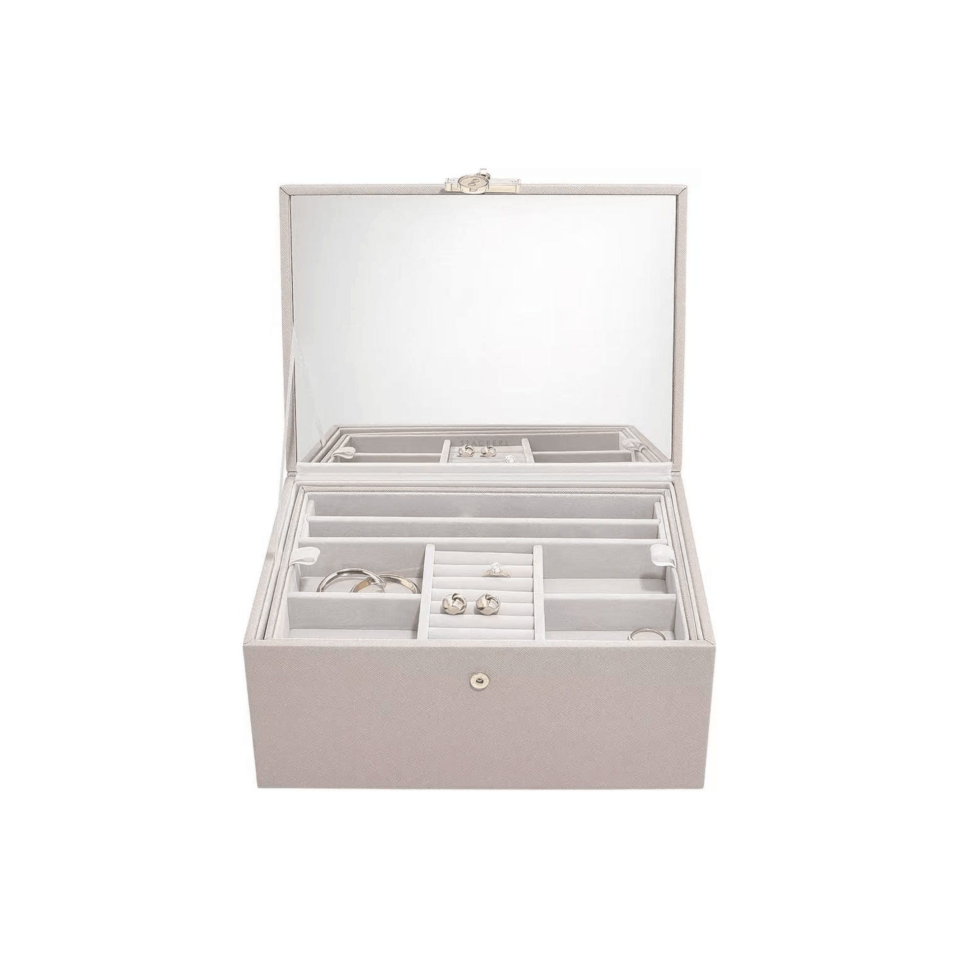 boite bijoux taupe ouverte avec miroir intégré
