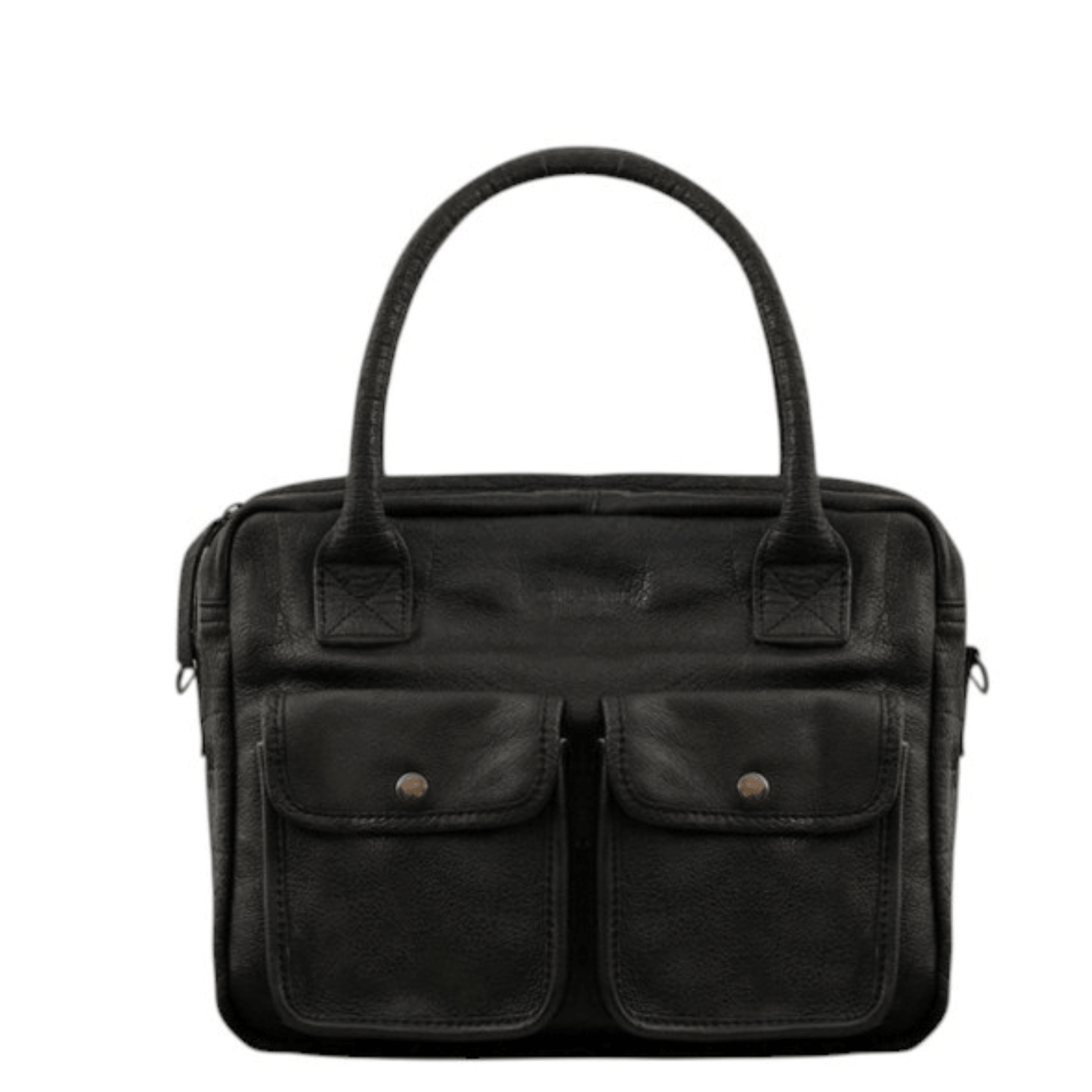 Sac de cours Paul Marius LeDandy noir en cuir de buffle pleine fleur vu de face avec deux poches avant.