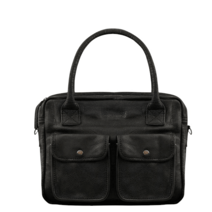 Sac de cours Paul Marius LeDandy noir en cuir de buffle pleine fleur vu de face avec deux poches avant.