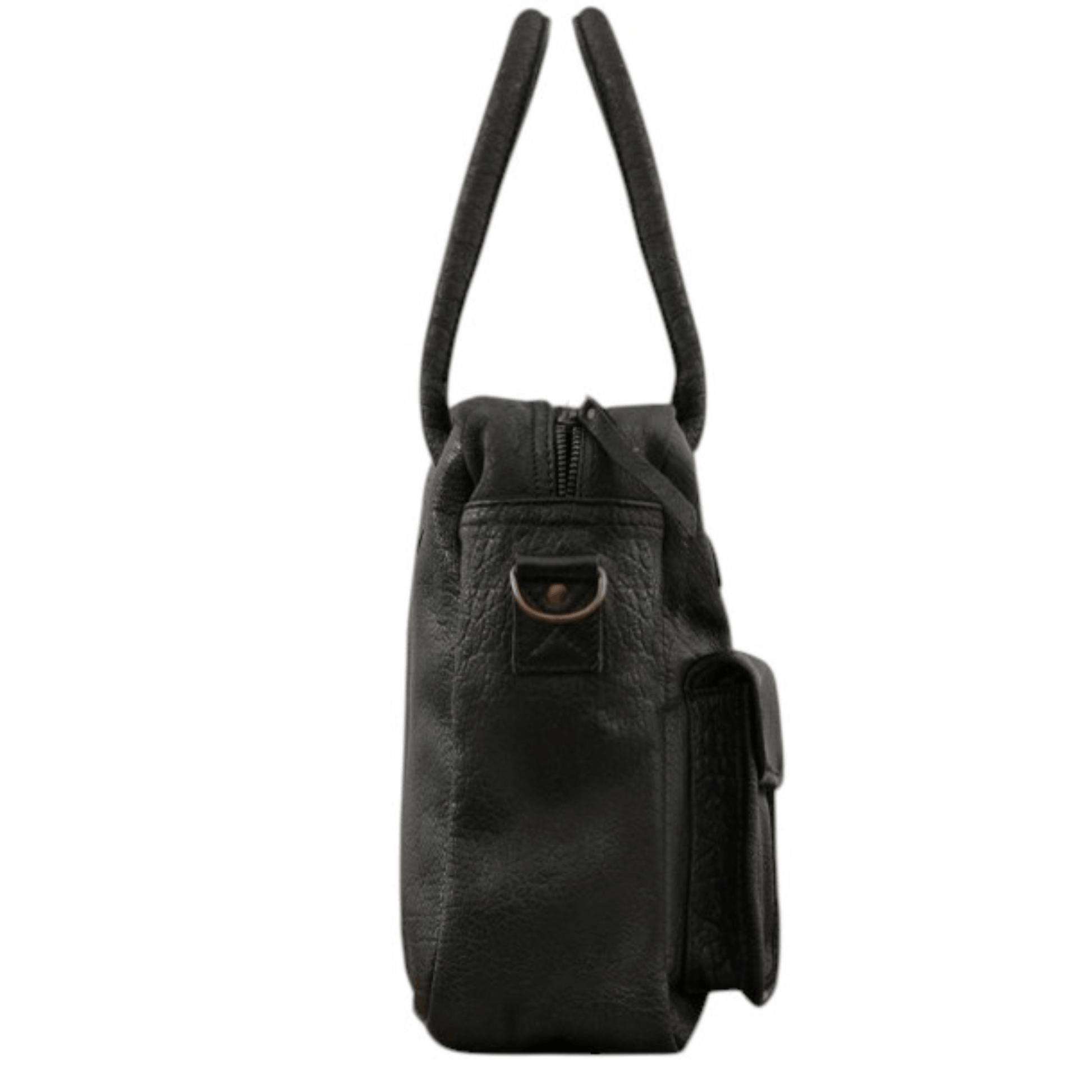 Vue de profil du sac de cours Paul Marius LeDandy noir montrant son épaisseur et son attache pour bandoulière.