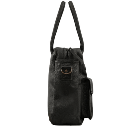 Vue de profil du sac de cours Paul Marius LeDandy noir montrant son épaisseur et son attache pour bandoulière.