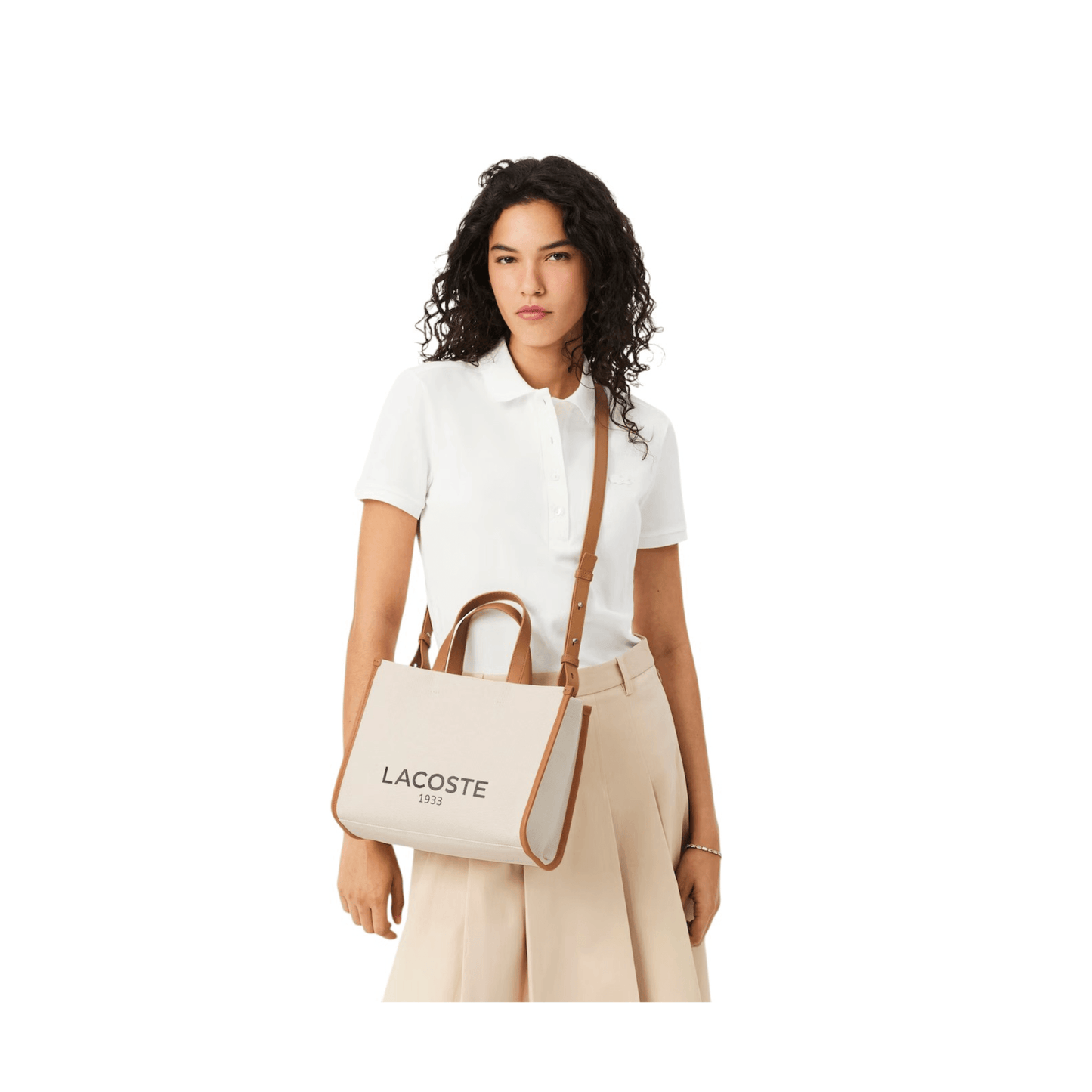 Petit sac cabas Lacoste Héritage Canvas natural tan porté épaule femme
