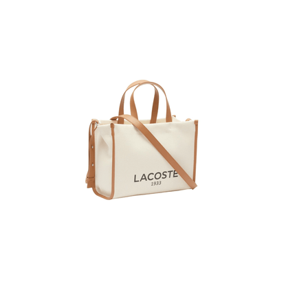 ALT : Petit sac cabas Lacoste Héritage Canvas natural tan vue profil avec bandoulière