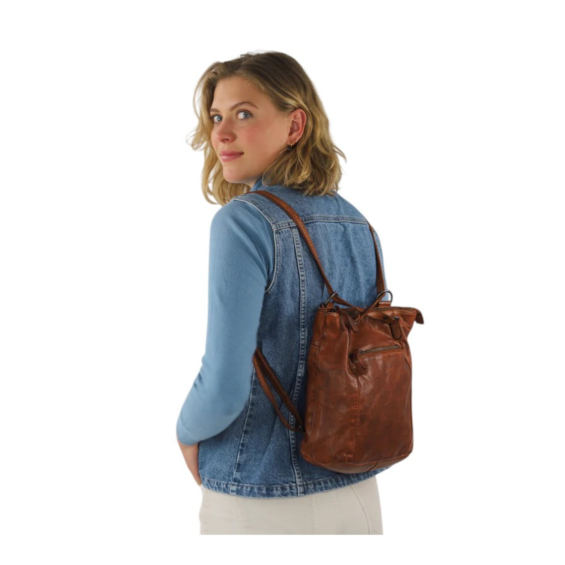 Sac a dos cuir cognac BEAR Sandy porte sur le dos femme